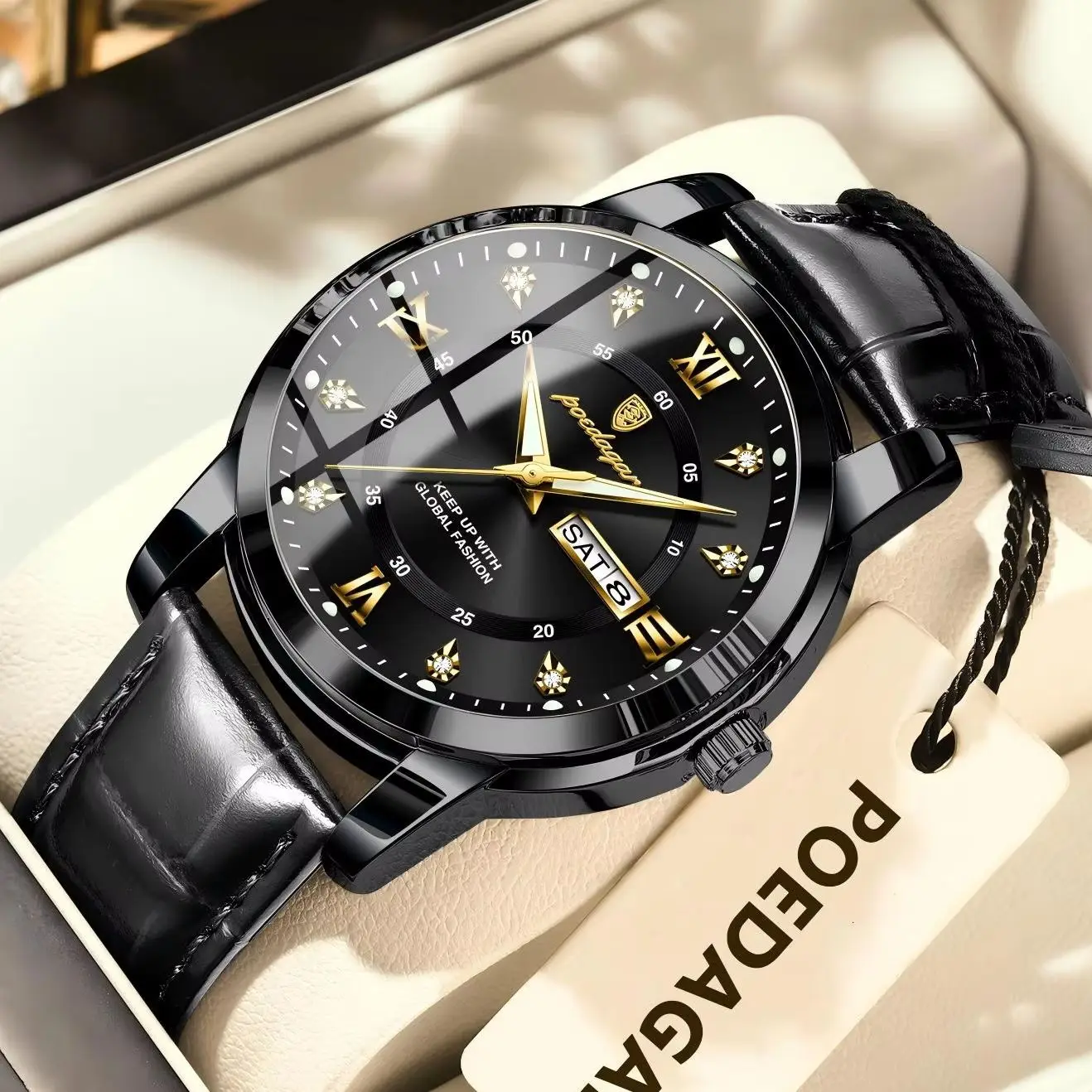 POEDAGAR Luxus Marke Männliche Uhr Wasserdicht Leucht Leder Business Uhr Für Mann Datum Woche Mode männer Quarz Uhren Reloj Image