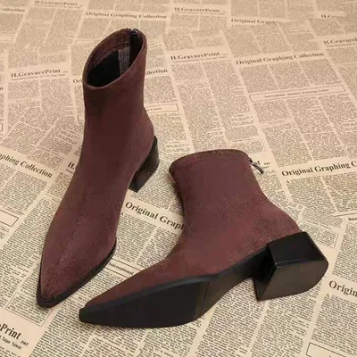 Autumn Leopard SuedeWomen Ankle Boots Thick Heels Pointed Toe Shoes Modern Short Botas Para Mujer