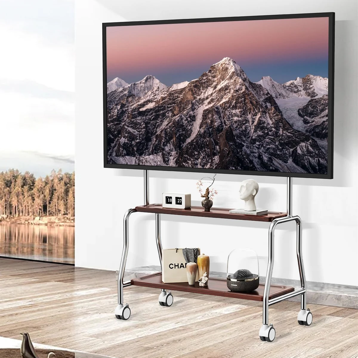 Mobiler Rollwagen aus Edelstahl, Boden-TV-Ständer für 32–75 Zoll LCD-LED-Bildschirm, TV-Wagen, hält bis zu 110 Pfund max. VESA 600 x 400 mm Image