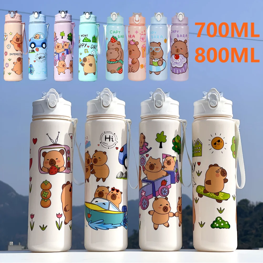 700/800 ml Capybara Niedlicher Wasserbecher mit Strohhalm/Tragegurt Sportwasserflasche Große Kapazität Reisewasserbecher für Fitnesssport Image