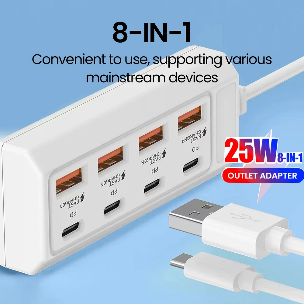 25W 8-in-1 USB Schnelle Lade Steckdose Typ C Power Streifen Ladegerät Docking Station Steckdose Adapter für Home Office Image
