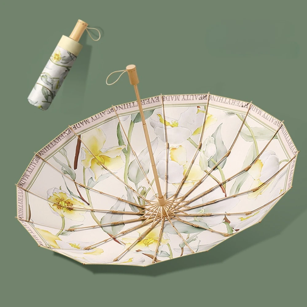 Flacher Sonnenschirm mit modischem Druck, Tasche, hochwertiger Taschenschirm, kompakter, leichter und vielseitiger Regenschirm für Regen und Licht Image