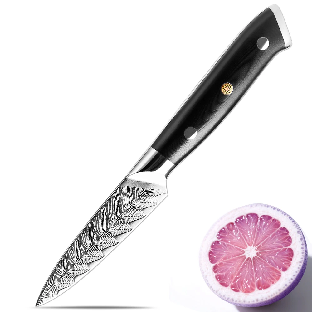 Professionelles Schälmesser aus japanischem Damaststahl, scharf, 8,9 cm, Obstmesser, Küche, kleines Messer, Schälmesser, schwarzer G10-Griff Image