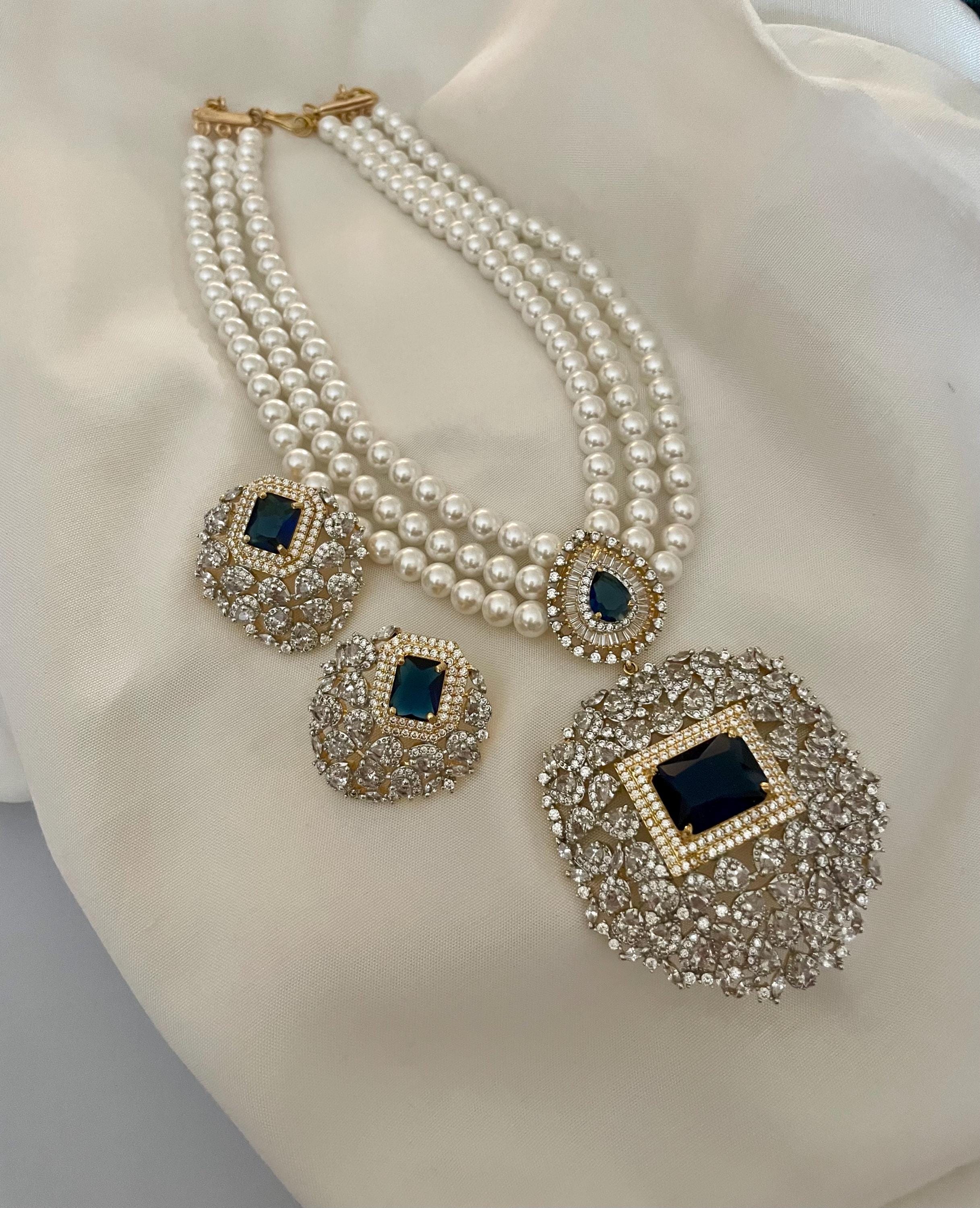 Parure di collana con diamanti e perle blu zaffiro americani/Parure da cocktail/Parure di gioielli con zirconi cubici/Parure di gioielli da sposa indi