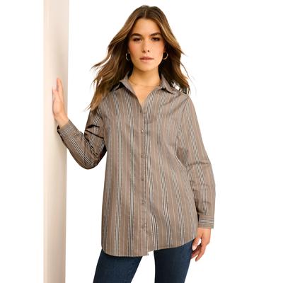 Plus Size Women's Plus Size Kate Long Sleeve Easy Cotton-Blend Button-Front Shirt by Roaman's in Brown Delicate Stripe (Size 18 W) Button Down Shirt