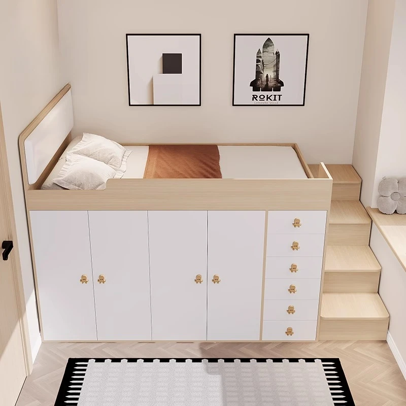 Halbhohes Bett, Kleiderschrank, Kombination aus Bett und Unterschrank, integriertes Kinderzimmer, Tatami-Hochbox, Aufbewahrungsschrank, Einzelbett