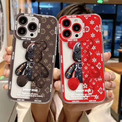Cartoon Current R-Robot Bear Custom Photo Clear Phone Case For iPhone 16E 16 15 14 12 13 11 Pro 8 7 SE Plus X XR XS Max DIY Case