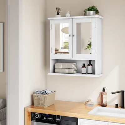 Bathroom cabinet with mirror, white medicine cabinet with adjustable shelf, toilet cabinet in laundry and kitchen