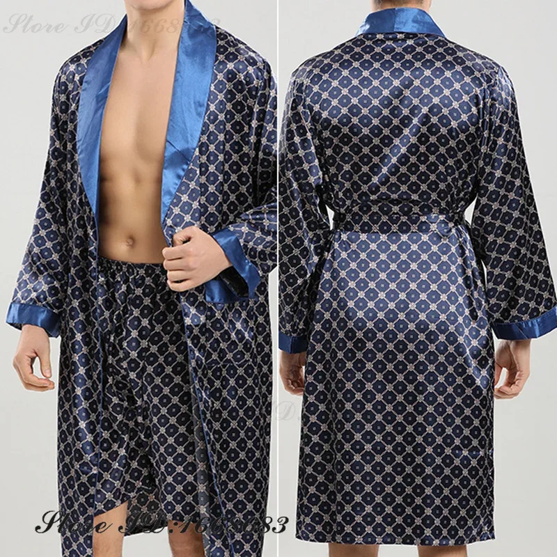 Plus Größe 3XL Robe Pyjamas Set Frühling Sommer Neue Männliche Kimono Bademantel Kleid Nachtwäsche Lose Beiläufige Seide Satin Homewear Loungewear Image