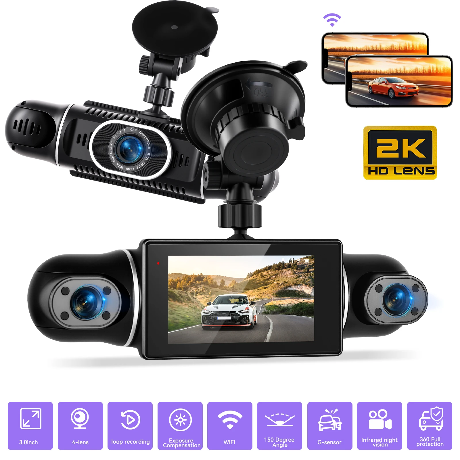 Podofo 2K Auto Dash Cam Video Recorder 4 Objektiv HD 1080P Schwerkraft Sensor WiFi APP Steuerung Auto DVR rückansicht Kamera Dashcam Recorder Image