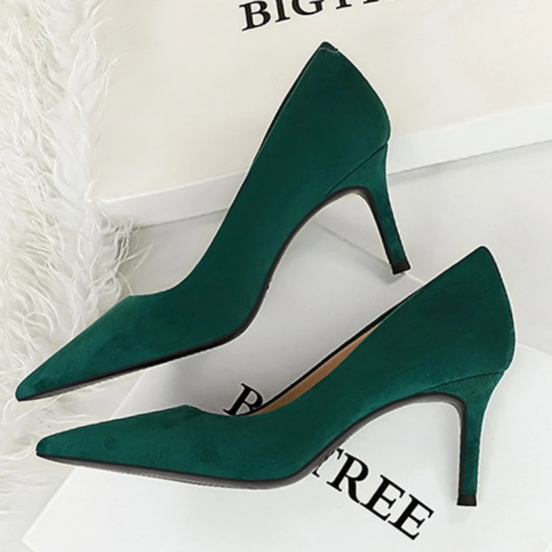 BIGTREE Shoes Suede Black Women Pumps High Heels Pointed Toe Women Heels 7Cm Ladies Shoes Office Shoes Zapatos De Mujer