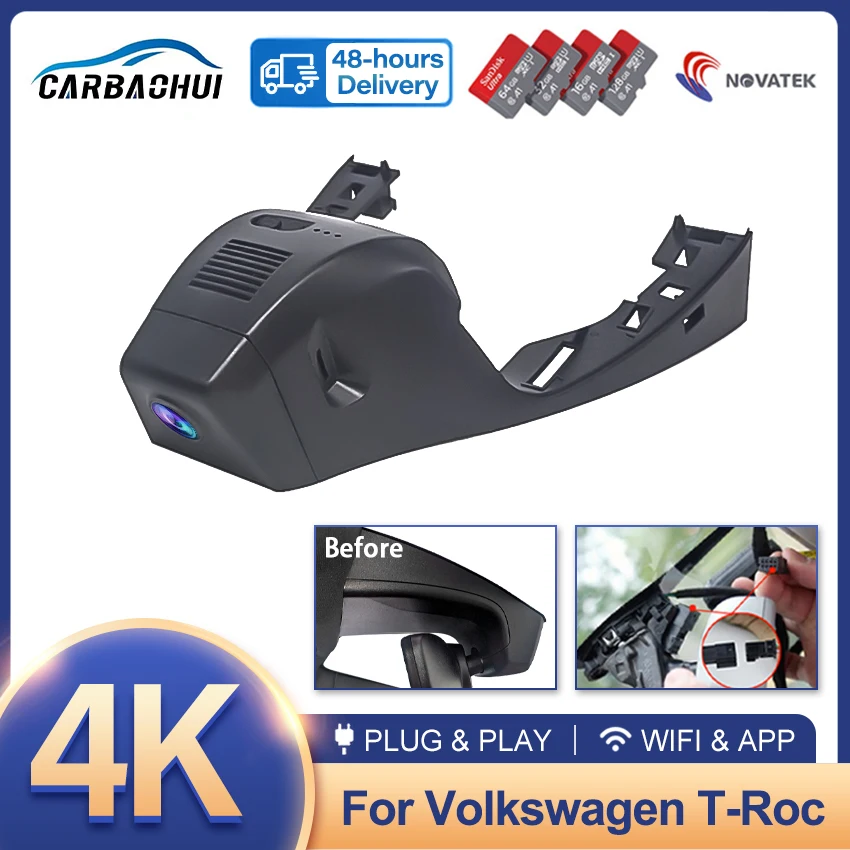 Für VW Volkswagen T-Roc T Roc Troc 2017-2024, Plug and Play 4K Dashcam Wifi Dash Kamera Dash Cam für Auto Fahrzeug Video Recorder