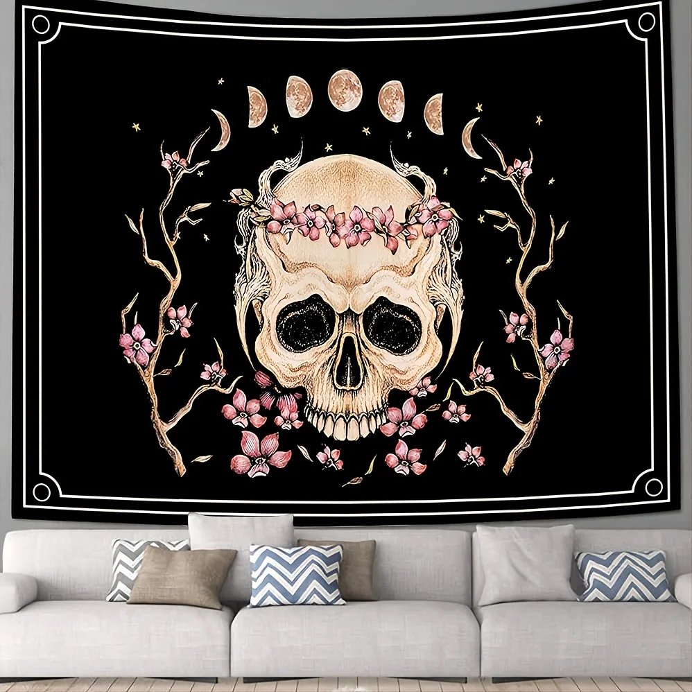 VIKAMA Halloween Gothic Blumen Wandteppich Rosa Blumenschädel Mondphase Sternenhimmel Wohnzimmer Schlafzimmer Dunkler Stil Dekoration Image