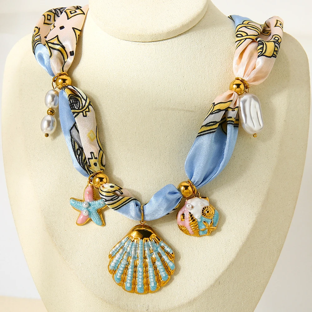 INS Ocean Necklace Colorful Enamel Starfish & Shell Pendant 18K Gold Plated Stainless Steel Ribbon Chain Necklace for Women Image
