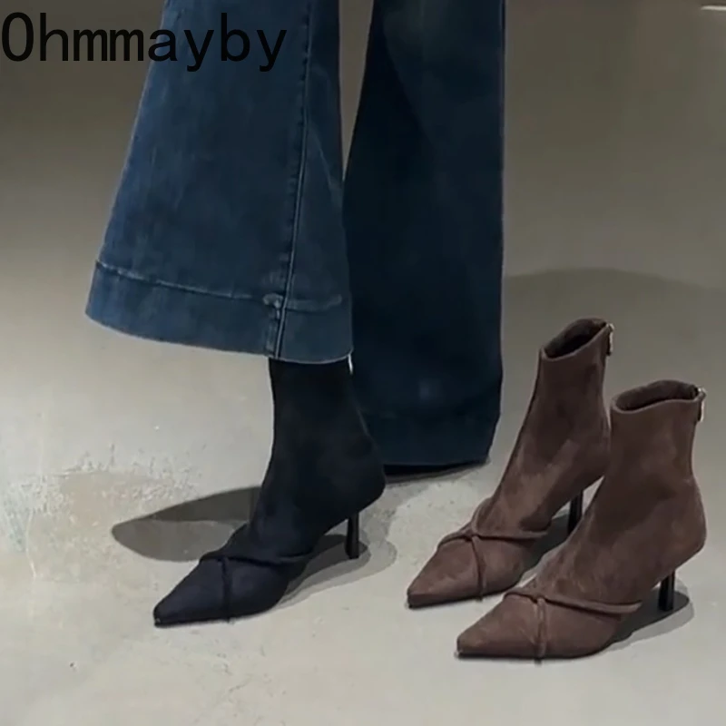 Vintage Frauen Stiefeletten Mode Spitz Dünne High Heels Schuhe Party Prom Elastische Dünne Botas Para Mujer