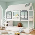 Letto a castello 90x cm con tetto e finestra barriera di sicurezza con 3 armadietti nella scala a perno + MDF Bianco + Grigio (senza materasso)