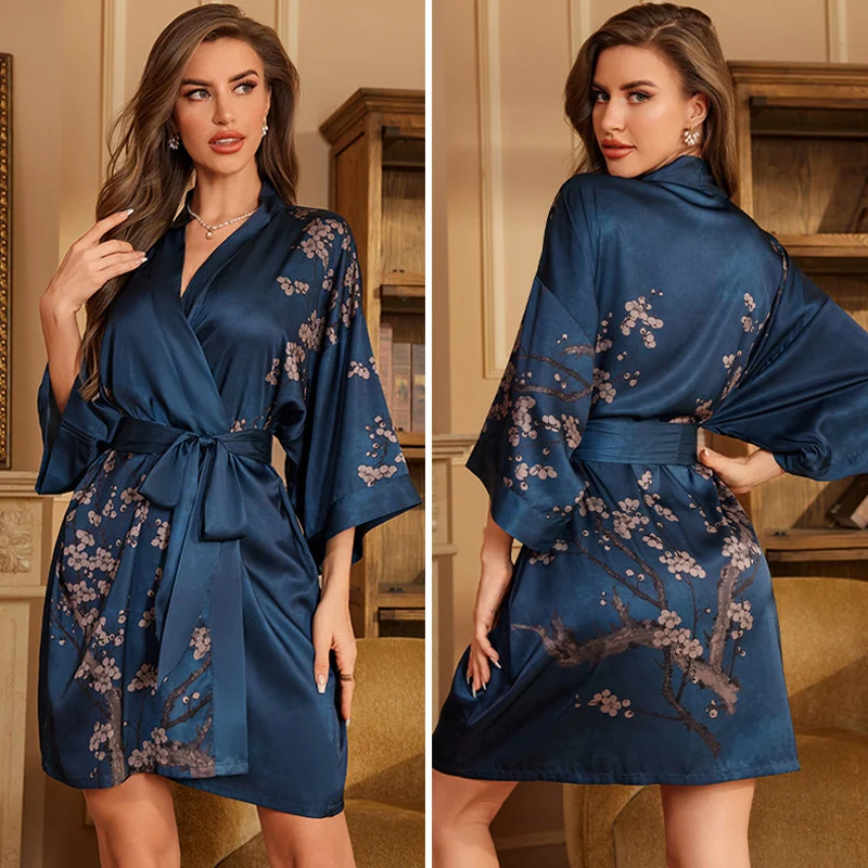 Marineblau Druck Blume Robe Nachthemd Seide Satin weibliche Nachtwäsche Nachthemd Frühling Sommer lose Kimono Bademantel Kleid zu Hause tragen Image