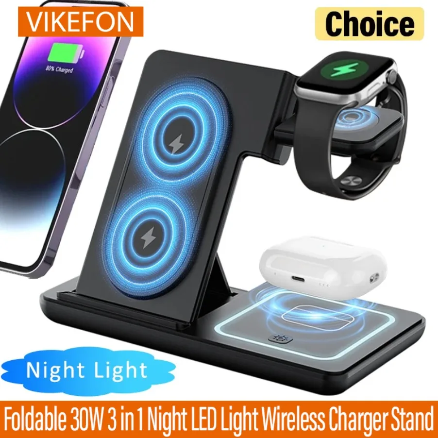 Supporto per caricabatterie wireless pieghevole con luce notturna a LED 3 in 1 per iPhone Samsung Apple Watch 2-8 SE Airpods Pro Stazione di ricarica rapida