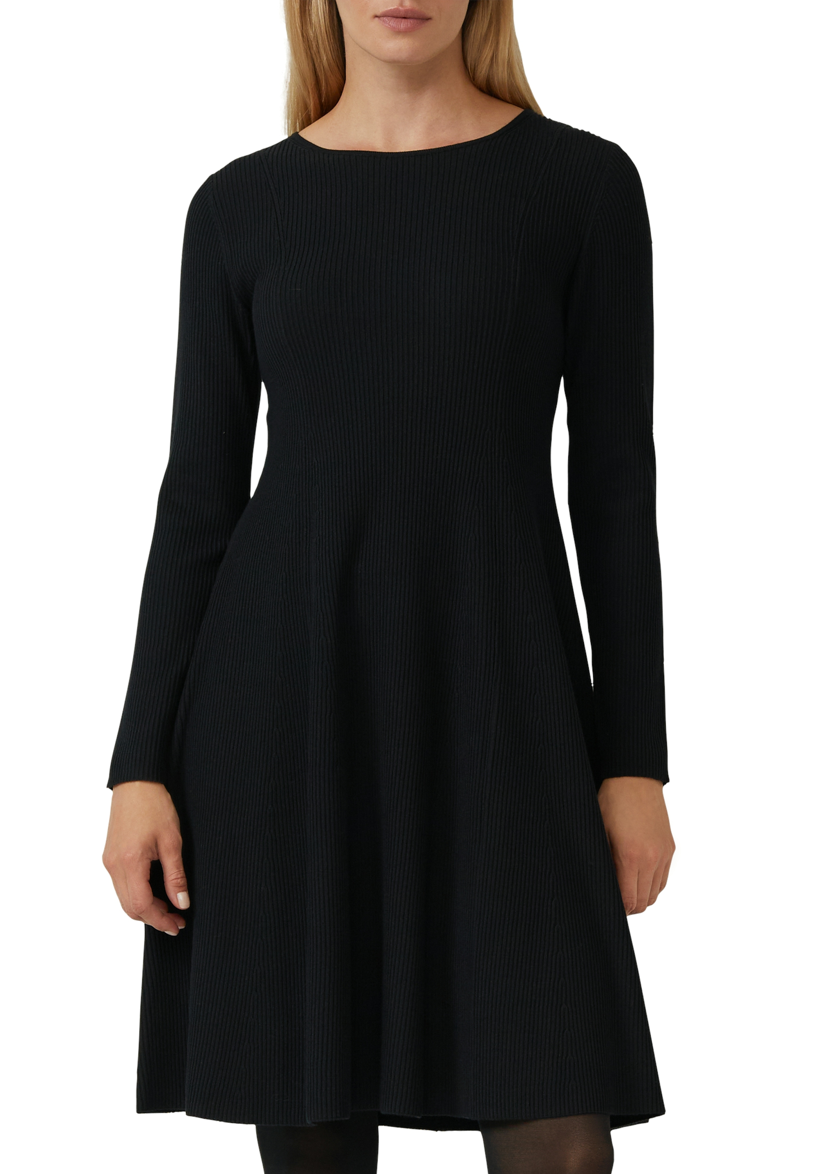 Strickkleid S.OLIVER BLACK LABEL, Damen, Gr. 40, N-Gr, schwarz (grau, schwarz), Feinstrick, Obermaterial: 71% Viskose, 29% Polyester, Strukturmuster, unifarben, regular fit, Rundhals, gerader Abschluss, Kleider Strickkleid, mit Ajour-Detail