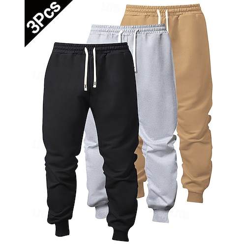 Paquets multiples 3 pièces Homme NoirGrisKaki Joggings Pantalons Cordon de serrage Taille Élastique Uni Vacances Tenue quotidienne Polyester Printemps