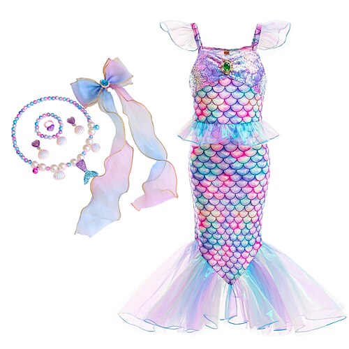 Buchwoche 2026, Die kleine Meerjungfrau, Meerjungfrauenschwanz, aquamarinfarbenes Prinzessinnenkleid, Halloween-Kostüm, Cosplay-Kostüm, Mottoparty-Kostüm, Cosplay-Film, Cosplay für Mädchen, Kinderkarneval, Maskenball Image