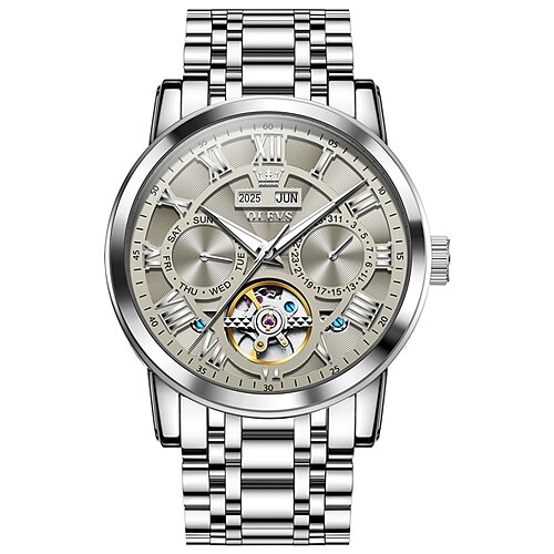 OLEVS Herren Mechanische Uhr Kreativ Sport Mode Lässig Automatische Selbstaufzug leuchtend Ewiger Kalender Kalender Stahl Beobachten Image