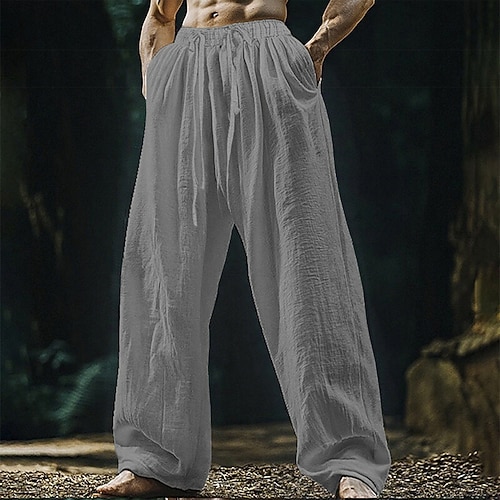 Herren Leinenhosen Hose Sommerhose Strandhose Kordelzug Tasche Elastischer Bund Einfach Komfort Atmungsaktiv Urlaub Täglich Ferien Hawaiianisch Boho Schwarz Weiß Image