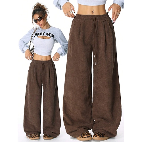 Damen EU- / US-Größe Weites Bein Hosen Hose Komfort Lässig / Sportlich Volle Länge Mittlere Hüfthöhe Einfarbig Kordelzug Tasche Weites Bein Weich Bequem Mikroelastisch Athleisure Alltagstauglich Image
