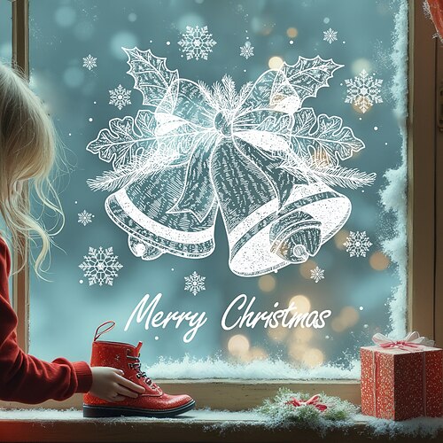 Weihnachts-Fensteraufkleber, Weihnachts-Wandaufkleber, Weihnachtsdekoration, weiße Glocke, Schneeflocke, wiederverwendbar, statisch haftend, nicht klebende Fensteraufkleber, Glastür, Zimmer, festliche Image