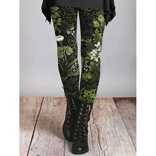 Damen Hosen Hose Leggings Gemütliche Leggings Streetwear Lässig Volle Länge Hohe Taille Blumen Elastischer Bund Druck Atmungsaktivität Bequem Dehnbar Urlaub Straße Alltagskleidung Grün Sommer Image