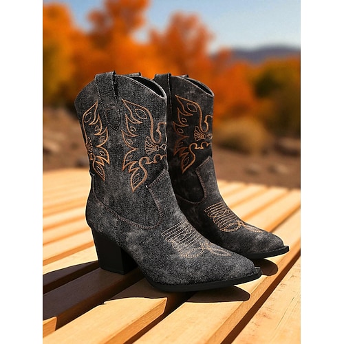 Damen-Western-Cowboystiefel aus besticktem Denim – wadenhohe Stiefel aus Vintage-Bluejeansstoff mit klobigem Absatz für urbane Mode und lässige Streetwear-Outfits Image