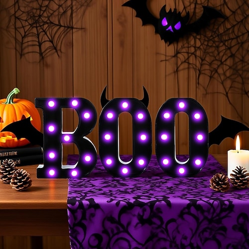 Halloween-Dekorationen für den Innenbereich – 3 LED-Leuchtbuchstaben, schwarzes Buh-Zeichen, Halloween-Buchstabenlichter für Zuhause, Innenbereich, Küche, Kamin, Party, Tischdekoration Image