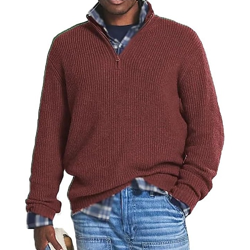 Herren Pullover Pullover mit Viertelreißverschluss Gerippt Stricken Normale Oberteile Gestrickt Schmale Passform Einfach Hoher Ausschnitt Strickware Zeitgenössisch Lässig Alltagskleidung Bekleidung Image