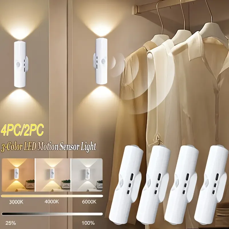 1/2/4PCS LED Induktion Lichter USB Lade Nacht Lichter 3-farbe Modus Schlafzimmer treppe Küche Klavier Zimmer Nacht Lese Lichter Image