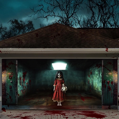 Halloween-Garagentorabdeckung, gruseliges Mädchen in einer Spukgarage, Banner, Horror-Geisterszene, Hintergrund, Wandteppich für gruselige Außendekoration Image