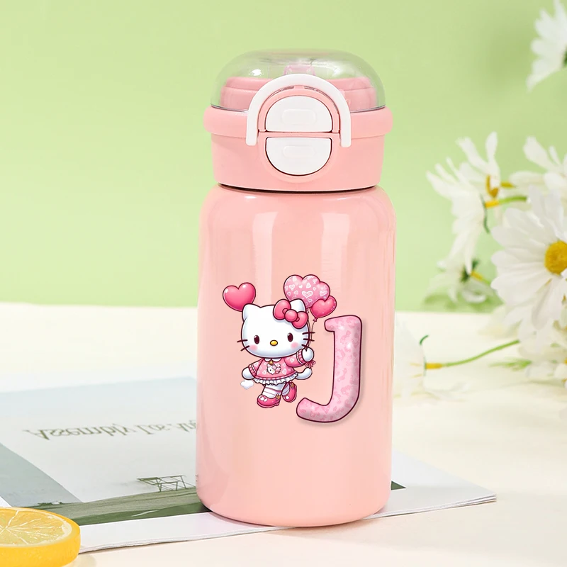 Hello Kitty Thermosflasche mit Buchstaben A bis Z, 500 ml, Edelstahl, Thermo-Wasserbecher mit Strohhalm, Cartoon, tragbar, isolierte Isolierflasche Image