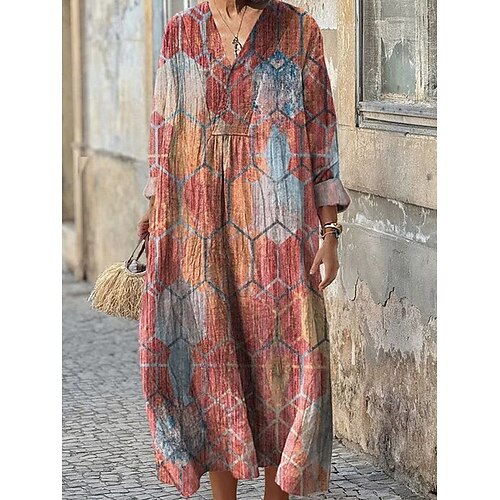 Damen Maxikleid Sommerkleid A Linie Kleid Urlaub Lässig Boho Ferien Lässiger Schnitt Grafik Geometrisch Langarm V Ausschnitt Dunkelbraun Blau Purpur Braun Sommer Frühling Herbst Image