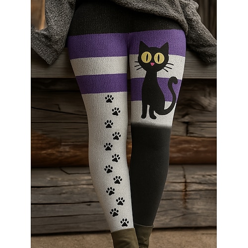 Frauen Leggings Urlaub Vintage Ethnischer Stil Knöchellang Hohe Taille Grafik Tier Katze 3D Druck Schnell trocknend Atmungsaktiv Weich Dehnbar Outdoor Zuhause Lässig Weiß Lila Grün Herbst Reguläre Image