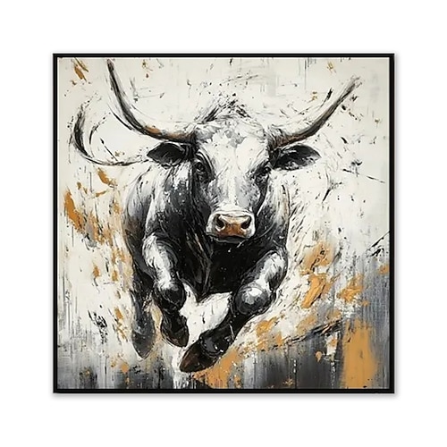 handgefertigtes Ölgemälde, Acryl-Leinwand, Wandkunst, Dekoration, Tier-Ölgemälde, schwarz-weißer laufender Stier für Home-Office-Hotel-Club-Dekor, gerolltes, rahmenloses, ungedehntes Gemälde Image