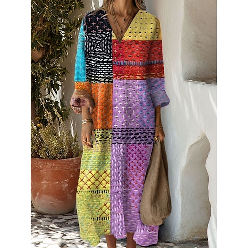 Damen Maxikleid Sommerkleid A Linie Kleid Urlaub Lässig Boho Party Ferien Strand Normale Passform Blumen Grafik Geometrisch Langarm V Ausschnitt Schwarz Rosa Rote Blau Sommer Frühling Herbst Image