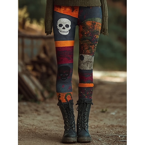 Damen Leggings Urlaub Vintage Ethnischer Stil Knöchellang Hohe Taille Grafik Totenkopf Monster 3D Druck Schnell trocknend Atmungsaktivweich Dehnbar Outdoor Zuhause Lässig Blau Orange Grün Khaki Image