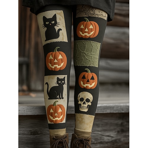 Damen Leggings Urlaub Vintage Ethnischer Stil Vollständig Hochbund Grafik Tier Katze 3D Druck schnell trocknend atmungsaktiv weich dehnbar Outdoor Zuhause lässig Schwarz Weiß Orange Khaki Herbst Slim Image