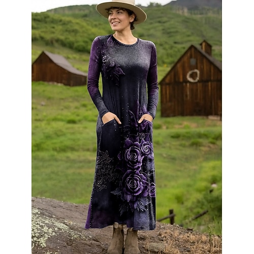 Damen Maxikleid Etui-Kleid T-Shirt-Kleid Urlaub Lässig Boho Ferien Date Normale Passform Blumen Grafik Geometrisch Langarm Rundhalsausschnitt Blau Dunkelviolett Rosa Rote Frühling Herbst Image