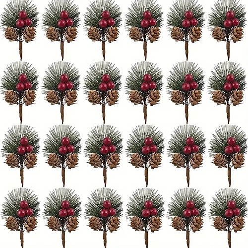 24 künstliche Weihnachtsbaumspitzen – künstliche Tannennadeln, Beerenstiele und Tannenzapfen für selbstgemachte Kränze, Bastelarbeiten und Weihnachtsbaumschmuck Image