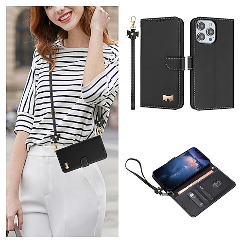 Handy Hülle Handyhüllen Für iPhone 17 Pro Max 17 Air 16 15 14 Pro Max Plus 16e 13 12 11 Pro Max Brieftaschenhülle Flip-Cover Mit Handgelenkschlaufe Stoßfest PC PU-Leder Image