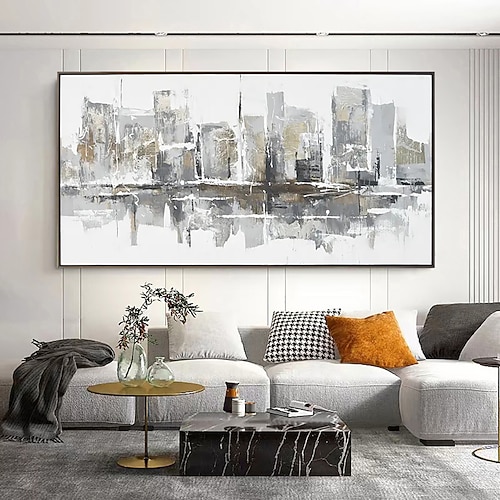 handgefertigtes Ölgemälde auf Leinwand, Wandkunst, Dekoration, modern, grau, abstrakt, urbane Architekturlandschaft für Wohnzimmer, Heimdekoration, gerollt, rahmenlos, ungedehntes Gemälde Image