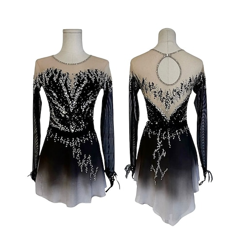 Eiskunstlaufkleid Damen Mädchen Eislaufen Kleid Schwarz Patchwork Daumenloch Netzstoff Spandex Hohe Elastizität Training Wettbewerb Eiskunstlaufkleidung Klassisch Kristall / Strass Langarm Eislaufen Image