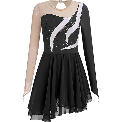 Eiskunstlaufkleid für Damen und Mädchen, langärmelig, Netzstoff, Pailletten, Strass, Eislaufkleid, Ballett-Wettbewerbs-Tanzbekleidung Image