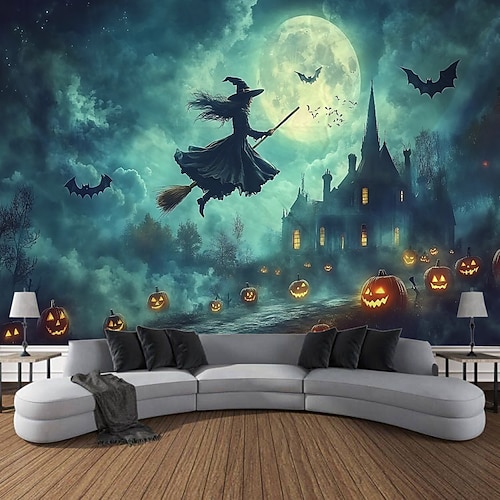 Halloween-Hintergrund-Wandteppich, Wandbehang mit Geisterschloss und Kürbishexe in der Nacht, großes dekoratives Wandbild für Schlafzimmer, Wohnzimmer, Party und Heimdekoration Image