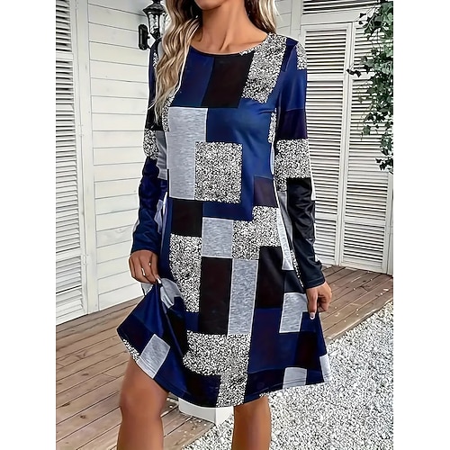 Damen Minikleid Etui-Kleid A Linie Kleid Figurbetontes Kleid Party Lässig Boho Party Hochzeitsgast Täglich Normale Passform Grafik Geometrisch Karomuster Langarm Rundhalsausschnitt Blau Purpur Grün Image